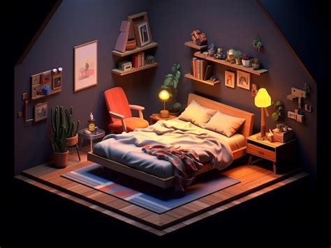 Premium Photo Lowpoly Isometric Aesthetic Bedroom Small D Room With