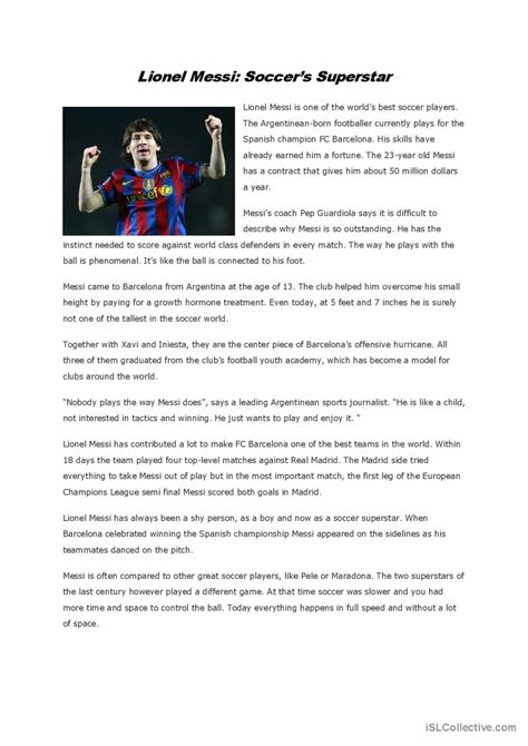 Reading Activity Lionel Messi Read English Esl Worksheets Pdf Doc