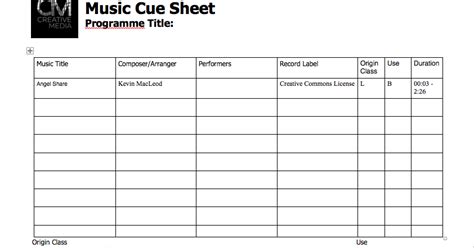 Personal Major Project: Music Cue Sheet