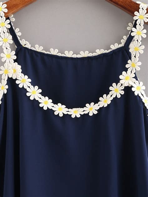 Daisy Lace Trimmed Layered Chiffon Cami Top Navy Shein Sheinside