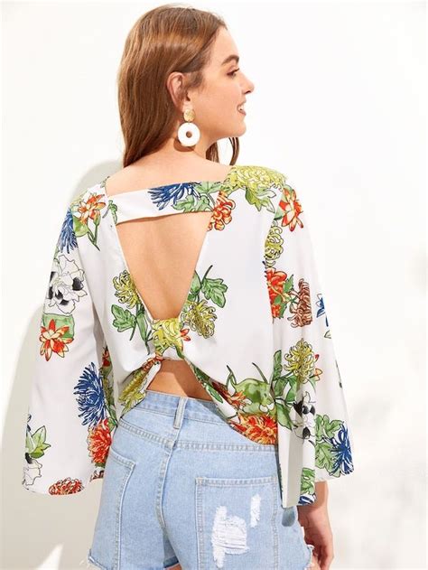 Bell Sleeve Knot Cut Out Back Top Shein Sheinside Floral Fit Floral