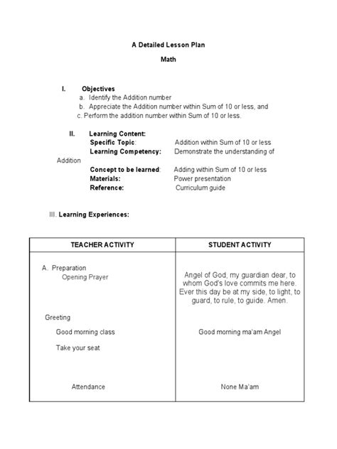 A Detailed Lesson Plan Math Pdf Lesson Plan Learning