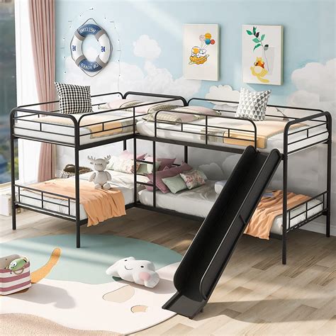 Merax Metal L Shaped Bunk Bed With Slide And Ladder Home And Kitchen