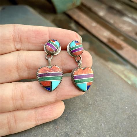 Vintage Southwestern Sterling Silver Multi Stone Heart Earrings