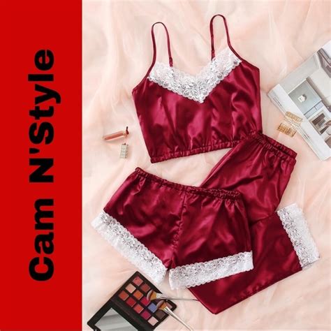 Intimates And Sleepwear New Red Satin Silklike Lace Pajama Set Poshmark