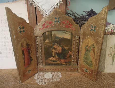 Vintage Florentine Triptych Vintage Large Gold Triptych Italian Religious Picture Virgin