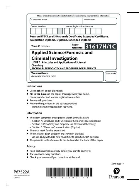 Pearson Btec Level 3 Nationals 31617h1c Applied Scienceforensic And