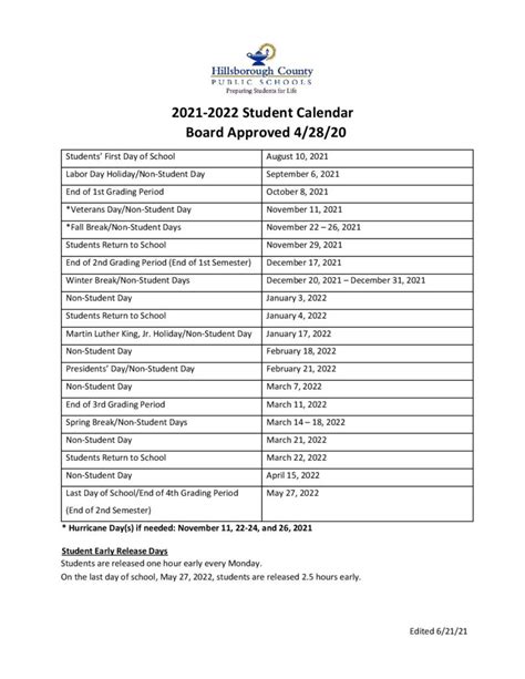 Hillsborough County Public School Calendar 2021-2022