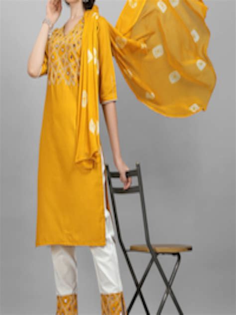 Buy Kalini Women Mustard Yellow Mirror Work Kurta With Trousers And