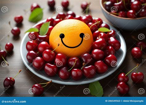 Cheerful Fruit Art Smiley Face With Cherries And Orange On White Plate