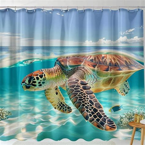 Ocean Serenity Ultra Realistic Turtle Swimming In Sea Bathroom Curtain