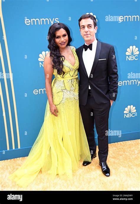 Mindy Kaling Left And B J Novak Arrive At The 74th Emmy Awards On Monday Sept 12 2022 At