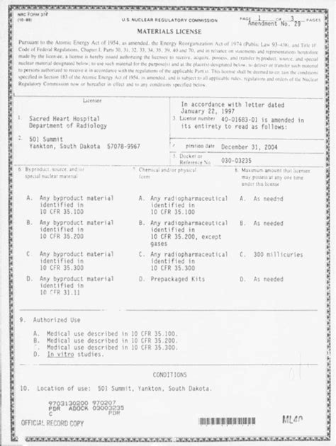 Fillable Online Matls Licensing Package For Amend 29 To License 40