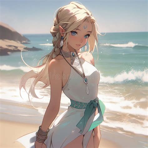 Beautiful Blonde Anime Girl On The Beach In Green Dress Generative AI