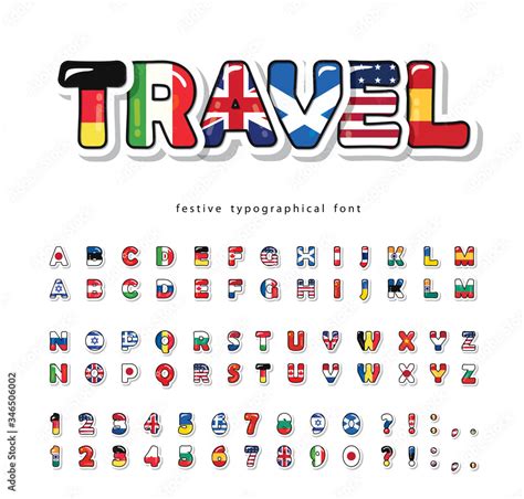 World flags cartoon font. Bright decorative alphabet. There are 2 ...