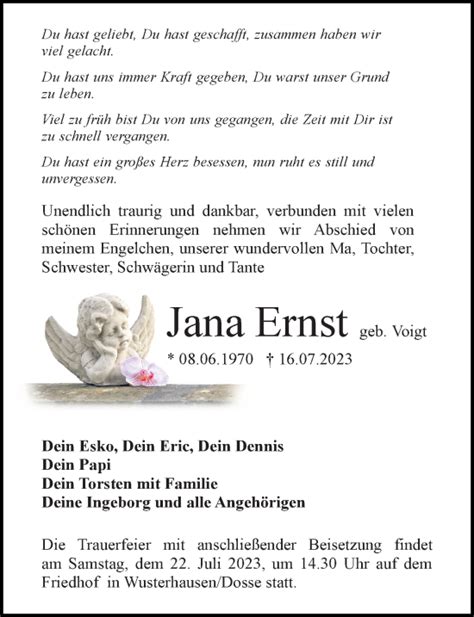 Traueranzeigen Von Jana Ernst Trauer Anzeigen De