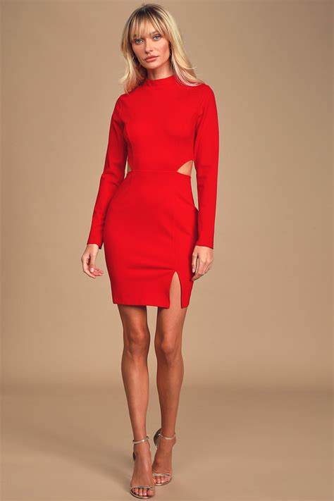 Sexy Red Dress Bodycon Dress Cutout Dress Mock Neck Dress Lulus