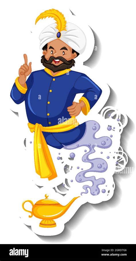 Genie Coming Out Of Magic Lamp Cartoon Character Sticker Illustration