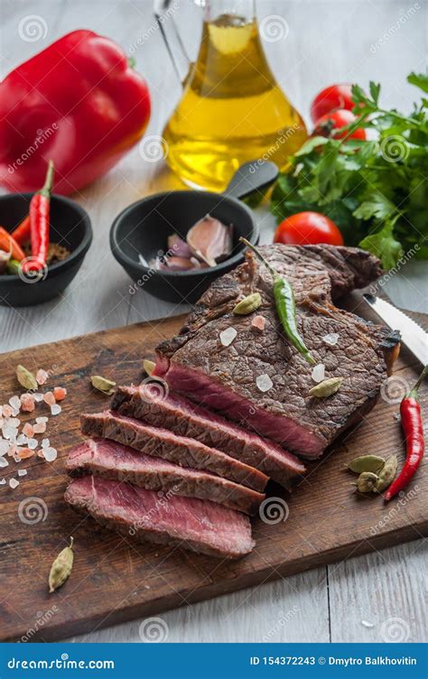 Grilled Beef Steak On Wooden Board Stock Image Image Of Beef Grill