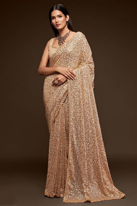 Buy Beige Gold Georgette Sequined Saree Online Like A Diva