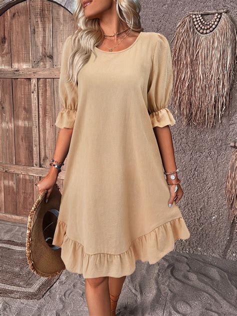 Solid Puff Sleeve Ruffle Hem Smock Dress Buy 2 Free Shipping