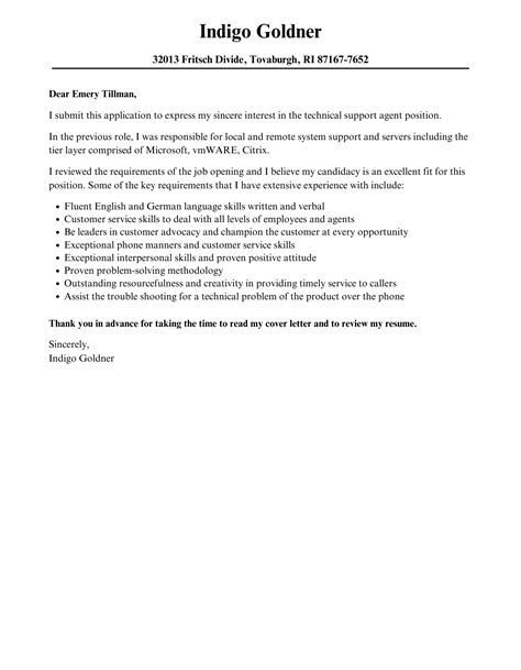 Technical Support Agent Cover Letter Velvet Jobs