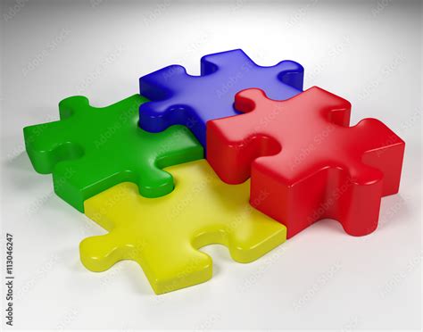 Four Interlocking Puzzle Pieces In Shades Of Red Blue Green And Yellow On A White Surface 3d