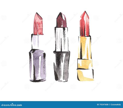 Watercolor Lipsticks Set Fashion Makeup Sketches Vogue Style Beauty