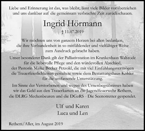 Traueranzeigen von Ingrid Hörmann trauer kreiszeitung de