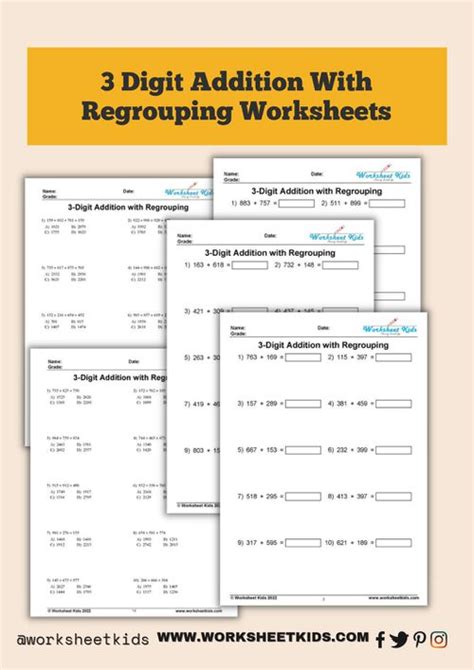 Free Printable Math Worksheets 3 Digit Addition With Regrouping