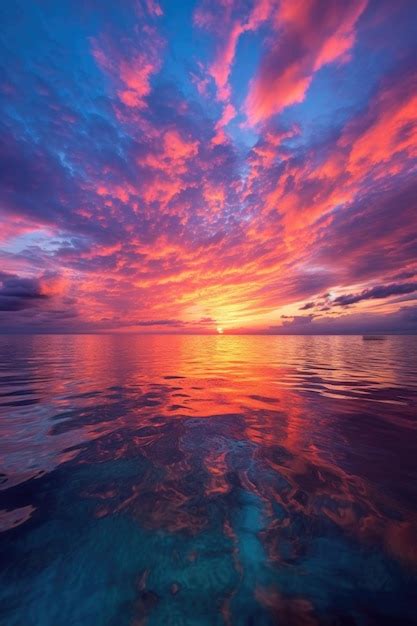 Premium Ai Image Vibrant Sunset Over A Calm Ocean Horizon Created