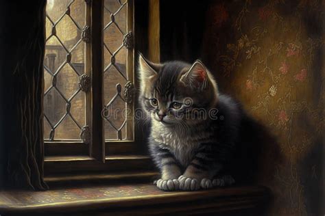 A Painting Of A Cat Sitting On A Window Sill Looking Out The Window