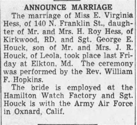 E Virginia Hess George E Houck 1943 Wedding ™