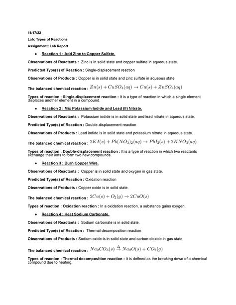 Lab Types Of Reactions Assignment Lab Report 11 17 Lab Types Of