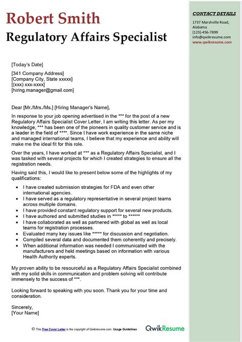 Regulatory Affairs Specialist Cover Letter Examples Qwikresume