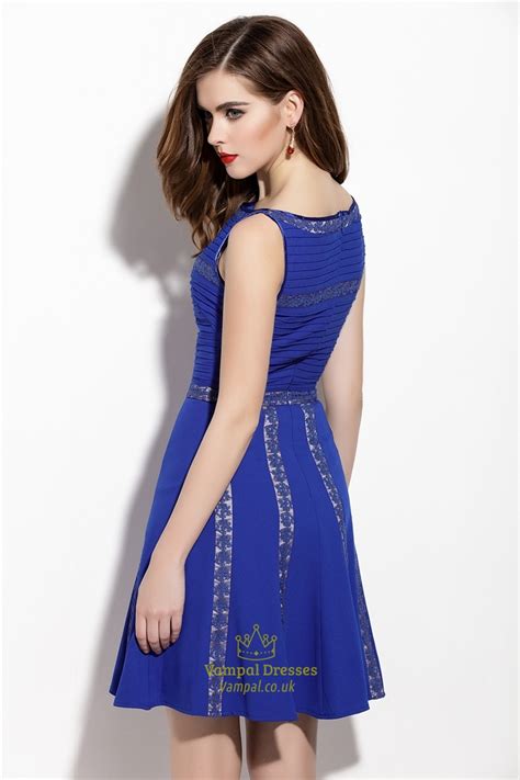 Royal Blue Lace Embroidered Sleeveless Fit And Flare Skater Dress