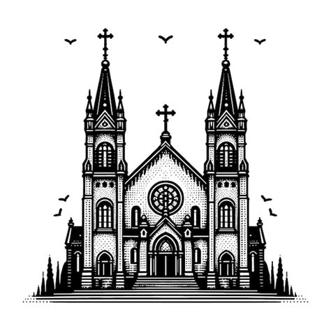 Un Dibujo En Blanco Y Negro De Una Iglesia Con P Jaros Volando A Su