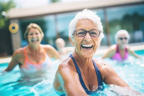 Premium Photo Happy Senior Women Exercising In Pool