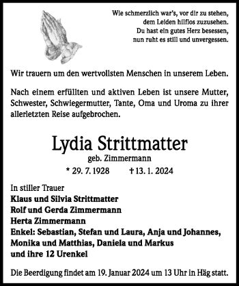 Traueranzeigen von Lydia Strittmatter Schwarzwälder Bote Trauer