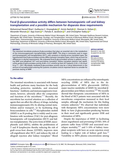 PDF Fecal β glucuronidase activity differs between hematopoietic cell