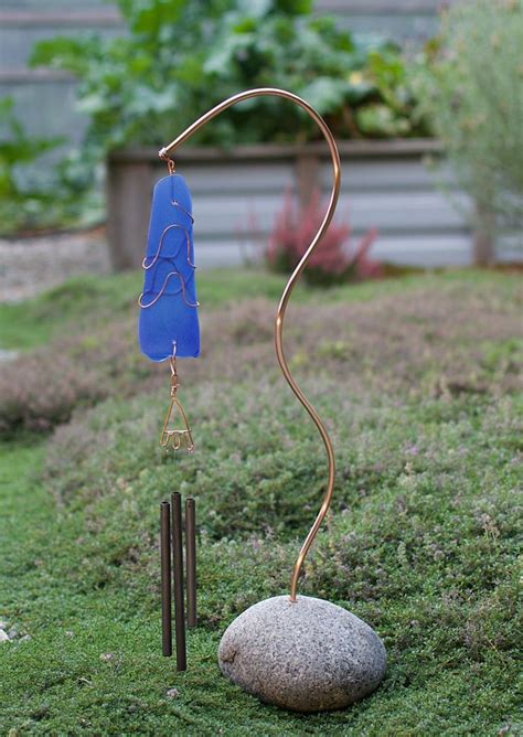 Wind Chime Freestanding Beach Stone Sea Glass Copper Outdoor Wind Chimes Glass Garden Art