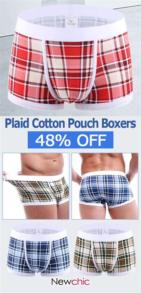 Mens Cotton Sexy Plaid U Convex Pouch Mid Waist Cotton Boxer Briefs