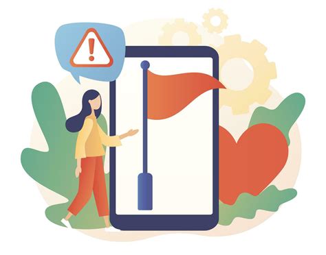 Red flag warning on smartphone screen. Metaphor problem, trouble and