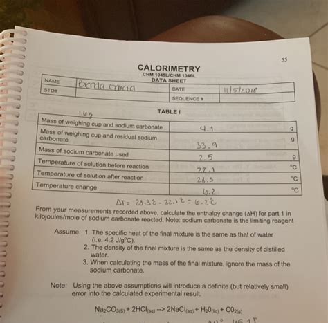 Solved Calorimetry Chm 1045lchm 1046l Data Sheet Date Std