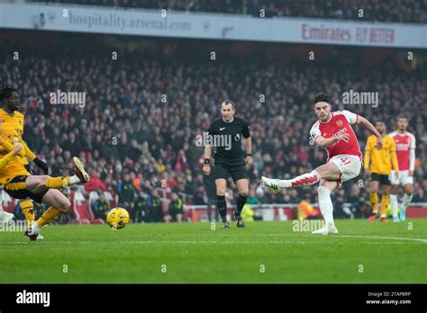 Arsenals Declan Rice Makes An Attempt To Score During The English