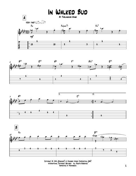 In Walked Bud By Thelonious Monk Sheet Music For Solo Guitar At Sheet