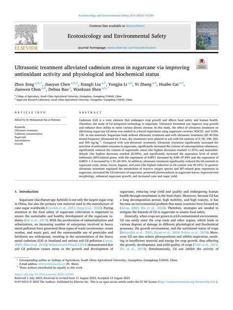 PDF Ultrasonic Treatment Alleviated Cadmium Stress In Sugarcane Via