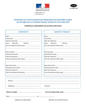 Fillable Online D Claration De Nationalit Au Titre Du Mariage Avec Un