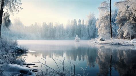 Um fundo de inverno um lago gelado e árvores de neve Um lago