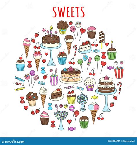 Sweets Set Vector Icons Hand Drawn Doodle Stock Vector Illustration